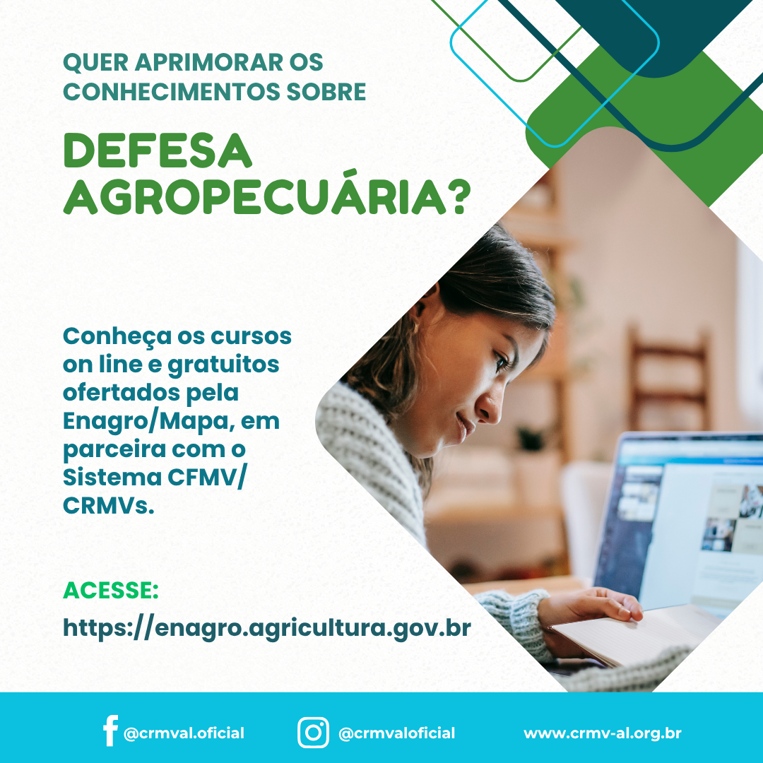 Conheça os cursos on line e gratuitos ofertados pela Enagro/Mapa, em parceria com o Sistema CFMV/CRMVs